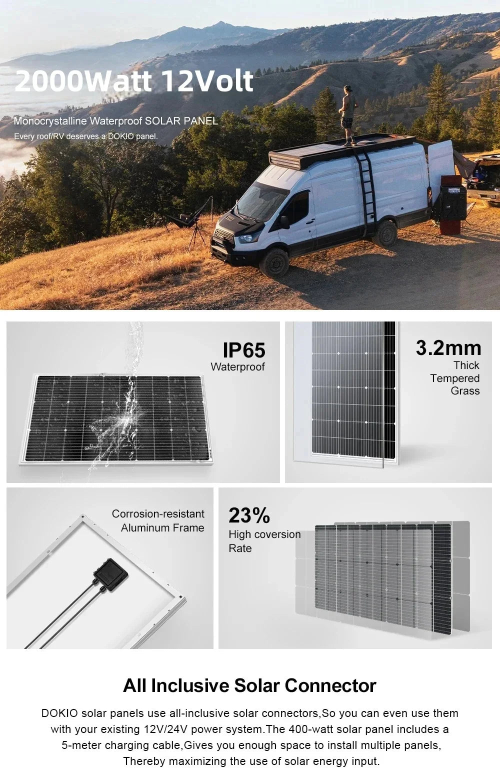 2000W/4000W Festes Solarpanel - 18V Hocheffizientes Wasserdichtes Monokristallines Solarpanel-Kit für Wohnwagen